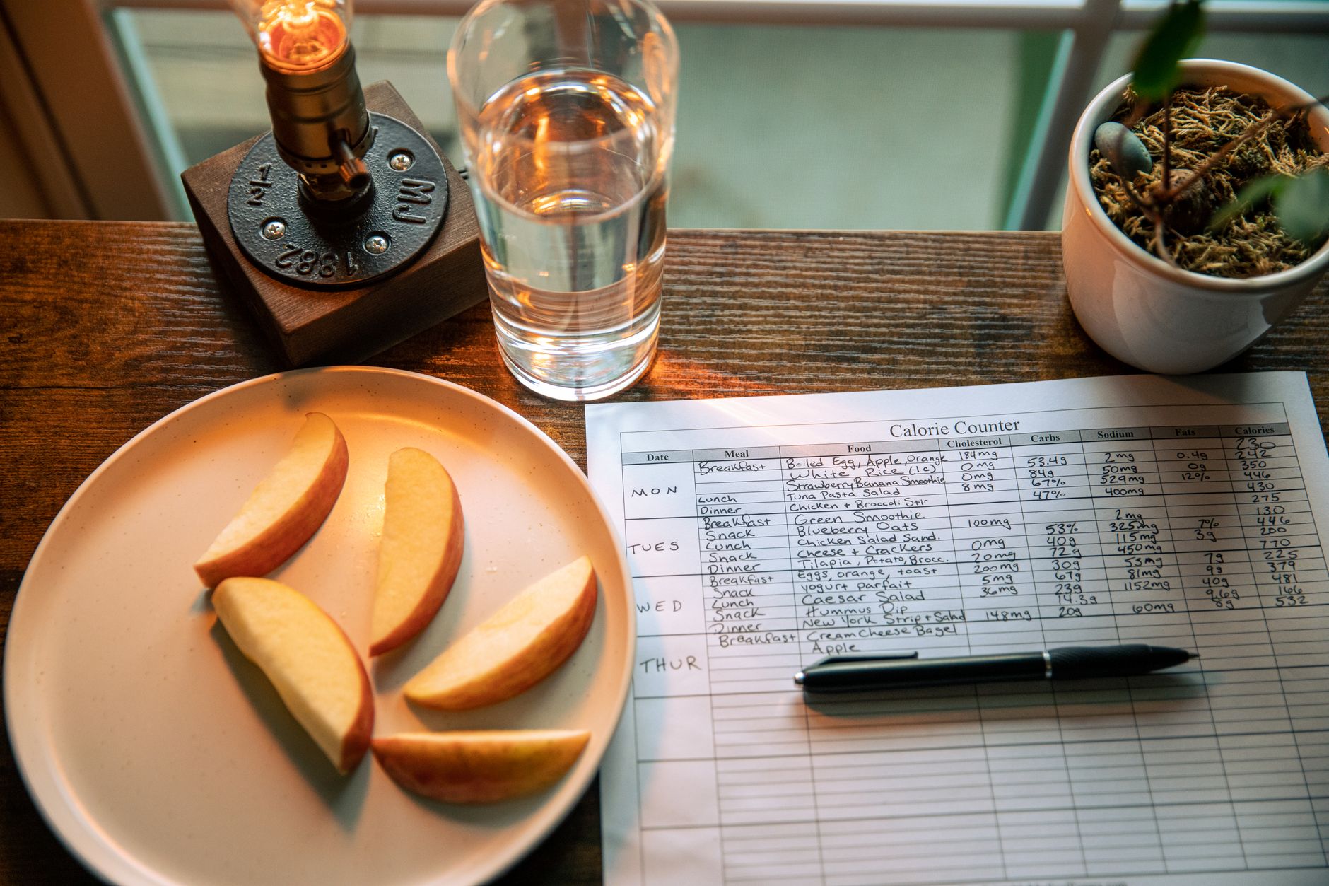 Assiette de pommes et carnet de suivi calorique
