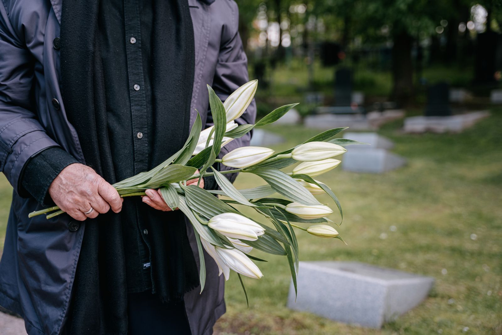 Lys blancs déposés sur une tombe dans un cimetière